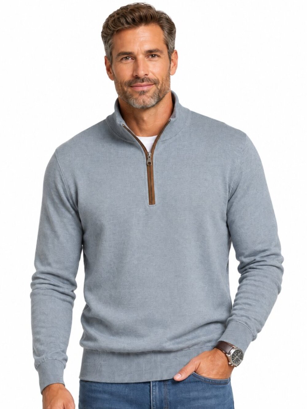 PETER MILLAR Men's Long Sleeve 1/4 Leather Zip Light Gray Merino Wool Sweater M